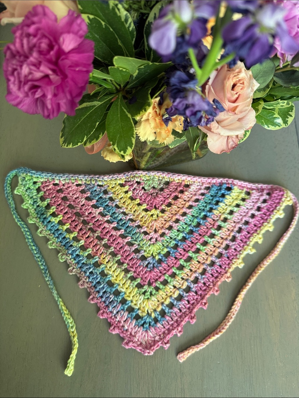 Handmade Crocheted Bandana Hair Scarf Kerchief in Pastel Rainbow 100% Cotton - Picture 7 of 7